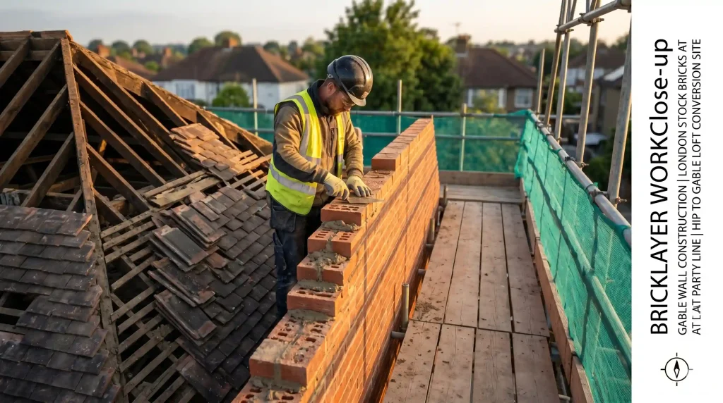  Bricklayer constructing new gable wall at party wall line during hip-to-gable loft conversion on London semi-detached property — Section 2 party wall works