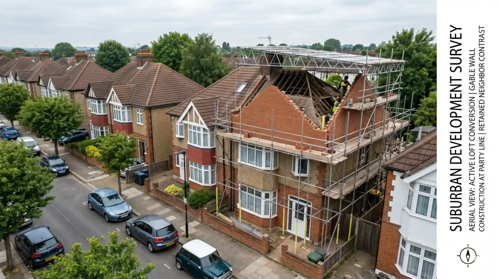 Aerial view of London 1930s semi-detached property undergoing hip-to-gable loft conversion with scaffolding and new gable wall being built at party wall boundary