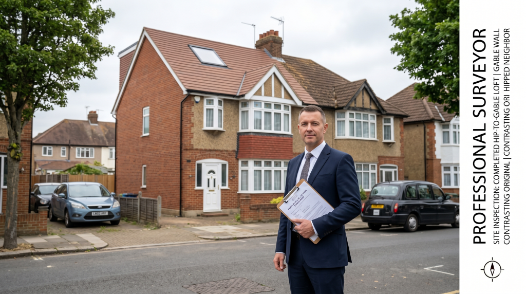 Party wall surveyor holding award document outside completed London hip-to-gable loft conversion showing new gable wall and adjacent semi-detached neighbour's original roof