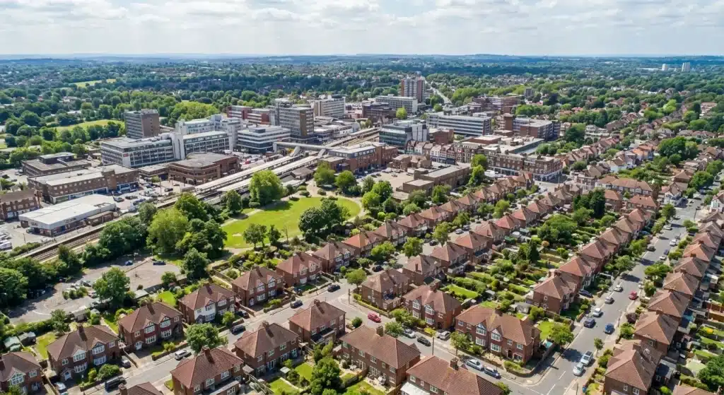 Party wall surveyor Bromley – aerial view of BR1 semi-detached houses requiring party wall notices