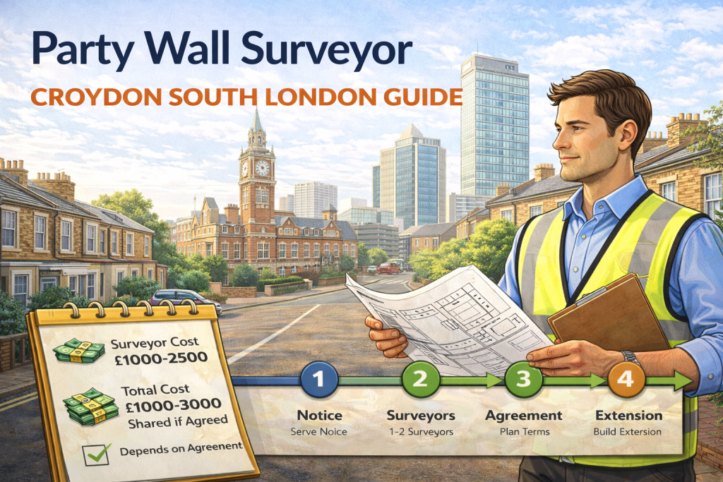 Party wall surveyor in Croydon, South London, holding plans outside typical local homes with a Croydon skyline backdrop.