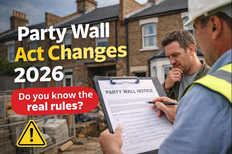 Party Wall Act Changes 2026: What’s New and What’s Not 3 Party Wall Act changes 2026: surveyor reviewing a party wall notice for a rear extension at a UK terraced house site