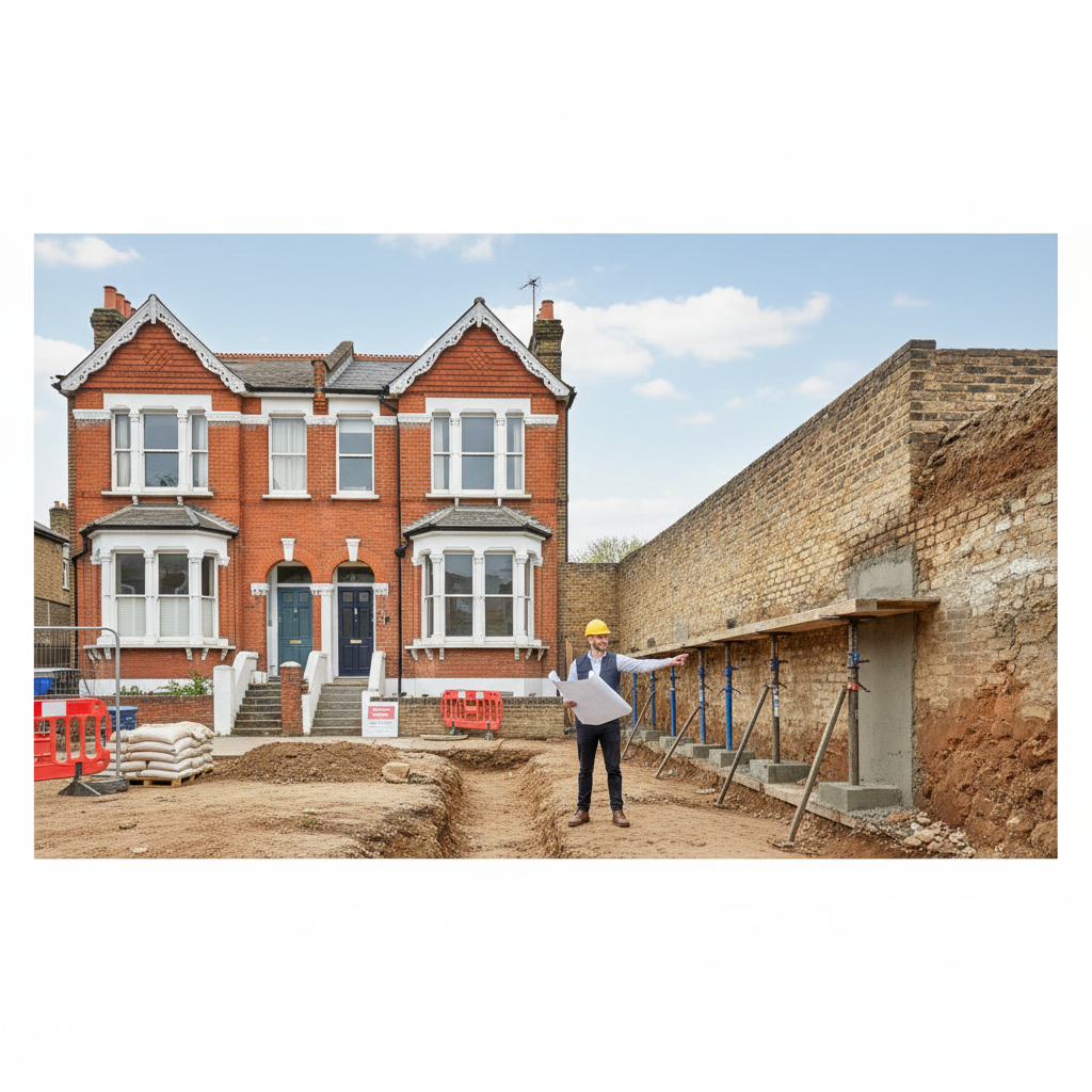 Underpinning Party Walls: Types Costs & Party Wall Act Guide 4 Underpinning party wall in a London terraced house showing staged excavation and new concrete underpin blocks beneath the shared wall