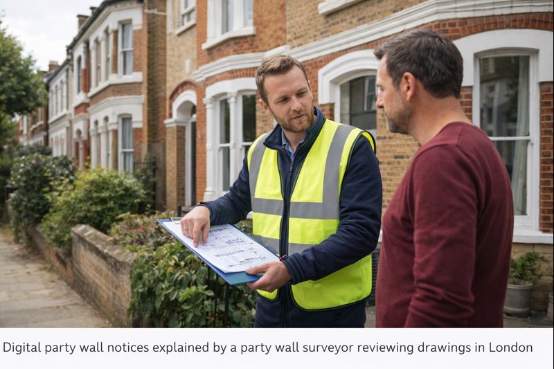 Digital Party Wall Notices: The Future of Party Wall Disputes in London 3 Digital party wall notices explained by a party wall surveyor reviewing drawings in London