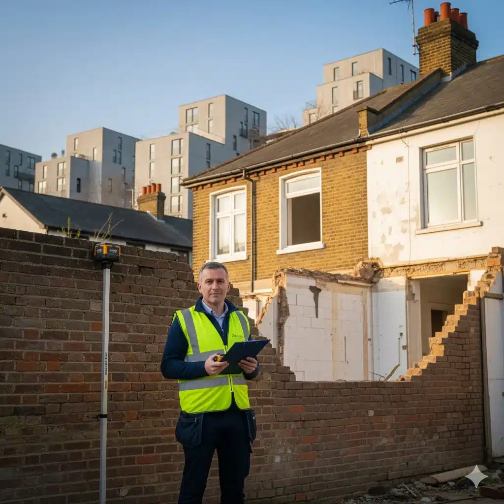 A surveyor in a high-visibility vest stands in front of a party wall, carrying a clipboard and a laser measure.