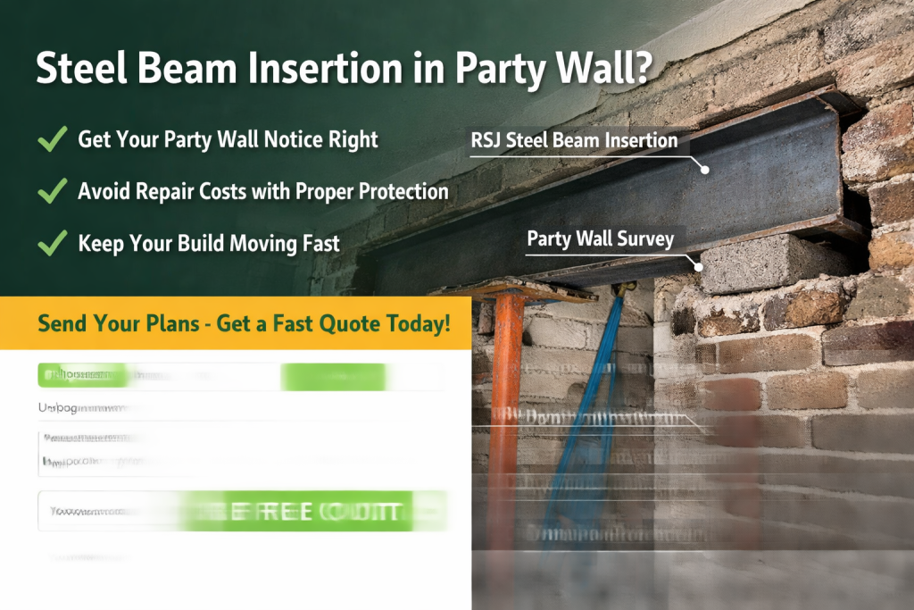 Steel Beam in a Party Wall | Notices, Awards, Costs and Process (London) 3 Steel beam party wall insertion (RSJ) in a London terraced house with acrow props and a prepared beam pocket in the shared wall.