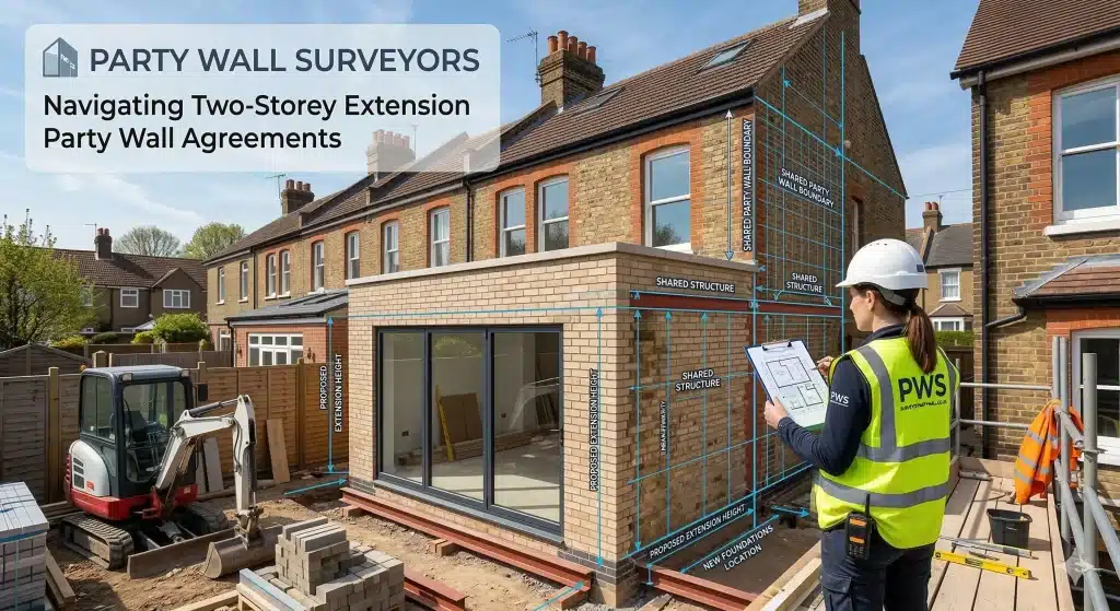 party wall surveyor inspecting a property with visible survey lines and measurements.