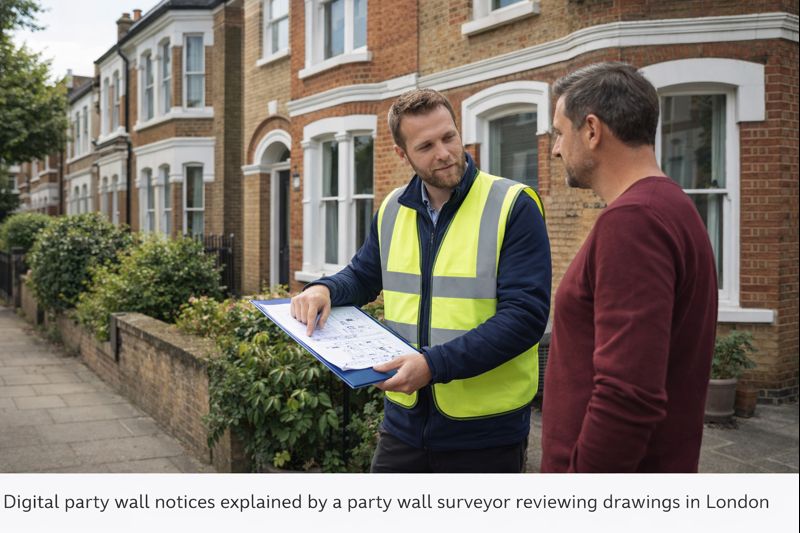 Digital Party Wall Notices: The Future of Party Wall Disputes & Technology 2 Digital party wall notices explained by a party wall surveyor reviewing drawings in London