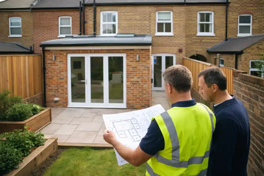 Kitchen extension party wall requirements in London with surveyor checking rear extension plans