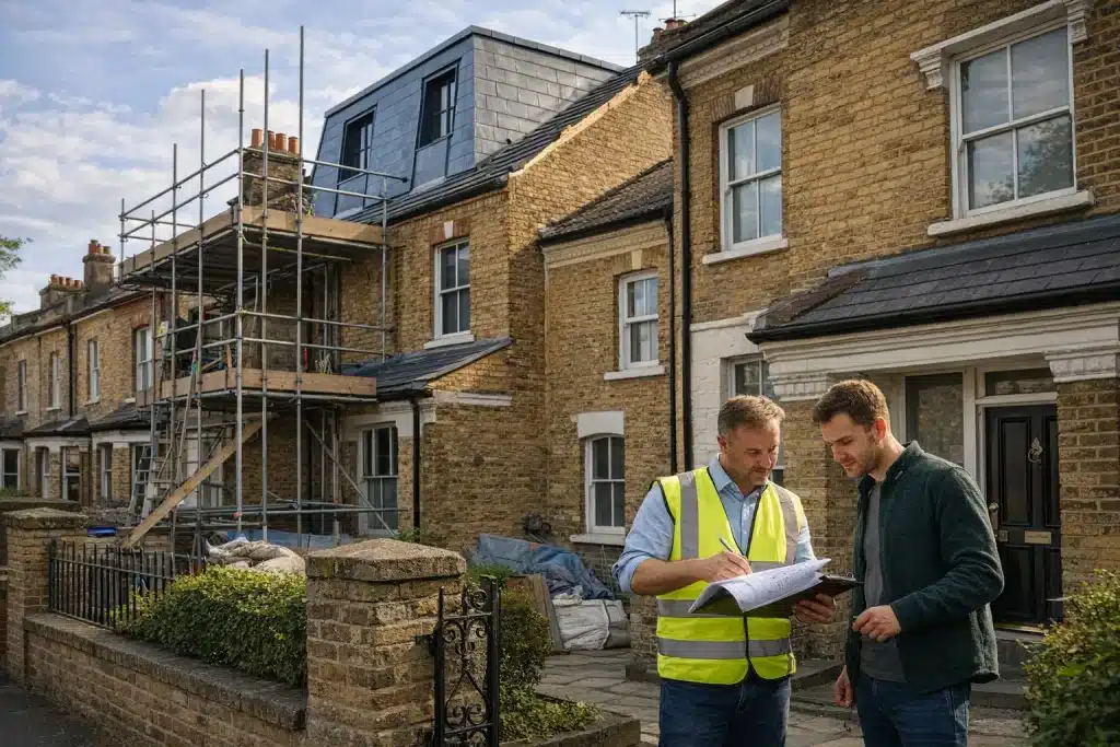 Mansard roof conversion party wall process in London showing surveyor reviewing loft plans beside Victorian terraced house with shared wall and scaffolding