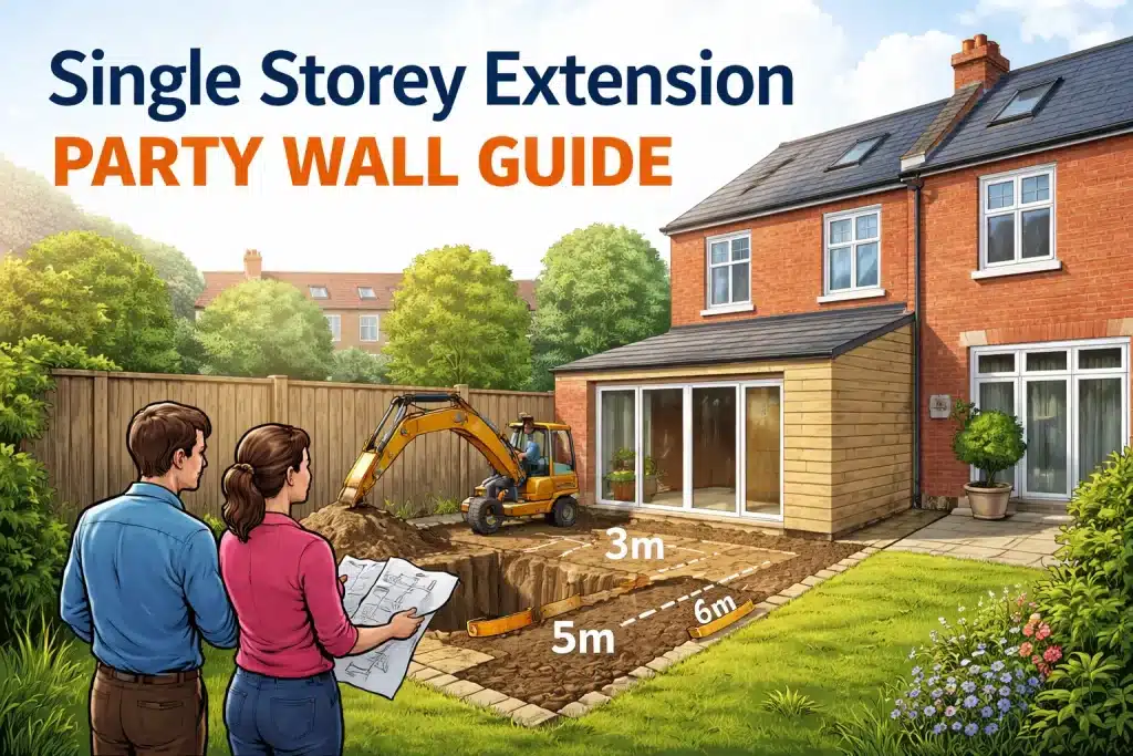 Rear single storey extension with a foundation trench near the boundary, showing 3m and 6m excavation distances.
