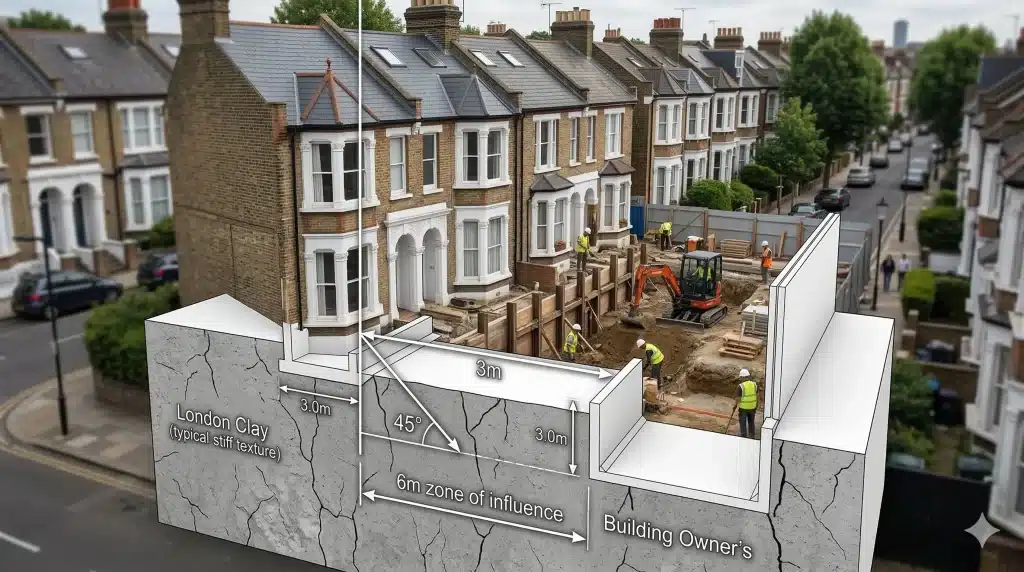 A technical architectural diagram illustrating the Party Wall Act Section 6 rules. The image shows a cross-section of two London terraced houses on clay soil. It highlights the 3-metre horizontal limit and the 45-degree geometric plane used for the 6-metre rule, with labels for foundation depths and excavation zones.