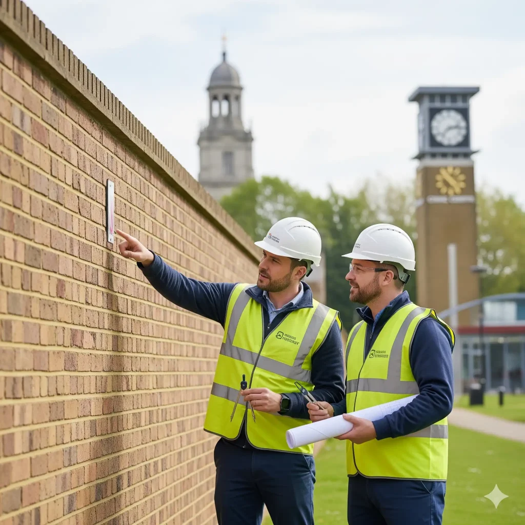 Party wall surveyor inspecting shared boundary wall between semi-detached houses in Hillingdon, West London, with measuring equipment and clipboard for Schedule of Condition survey before loft conversion project 2026