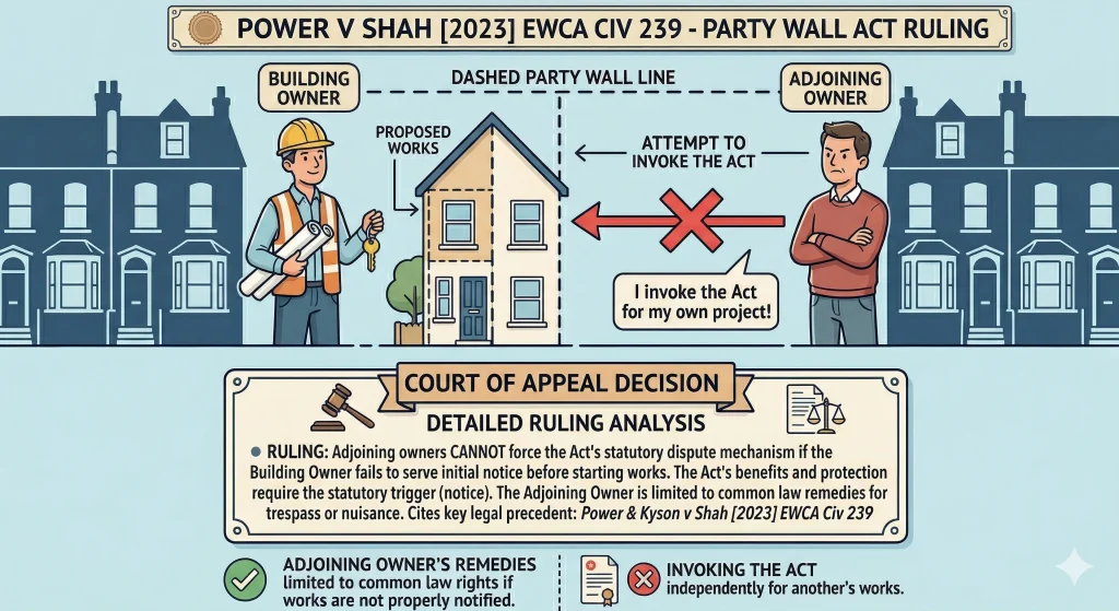 Diagram showing the Power v Shah 2023 Court of Appeal ruling on the Party Wall Act building owner started work without serving notice and the adjoining owner could not force the Act to apply illustrated with London terraced houses in the background