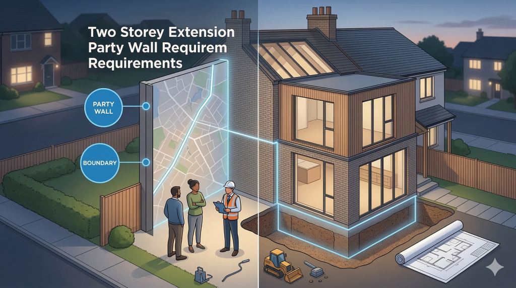 A split-screen illustration for 'Two Storey Extension Party Wall Requirements' on a semi-detached house. The left side features a stylized infographic showing the shared 'Party Wall' boundary and three professionals (Building Owner, Neighbor, Surveyor) consulting. The right side is a detailed modern architectural render of the completed two-story extension, highlighting the deep foundations next to the boundary.