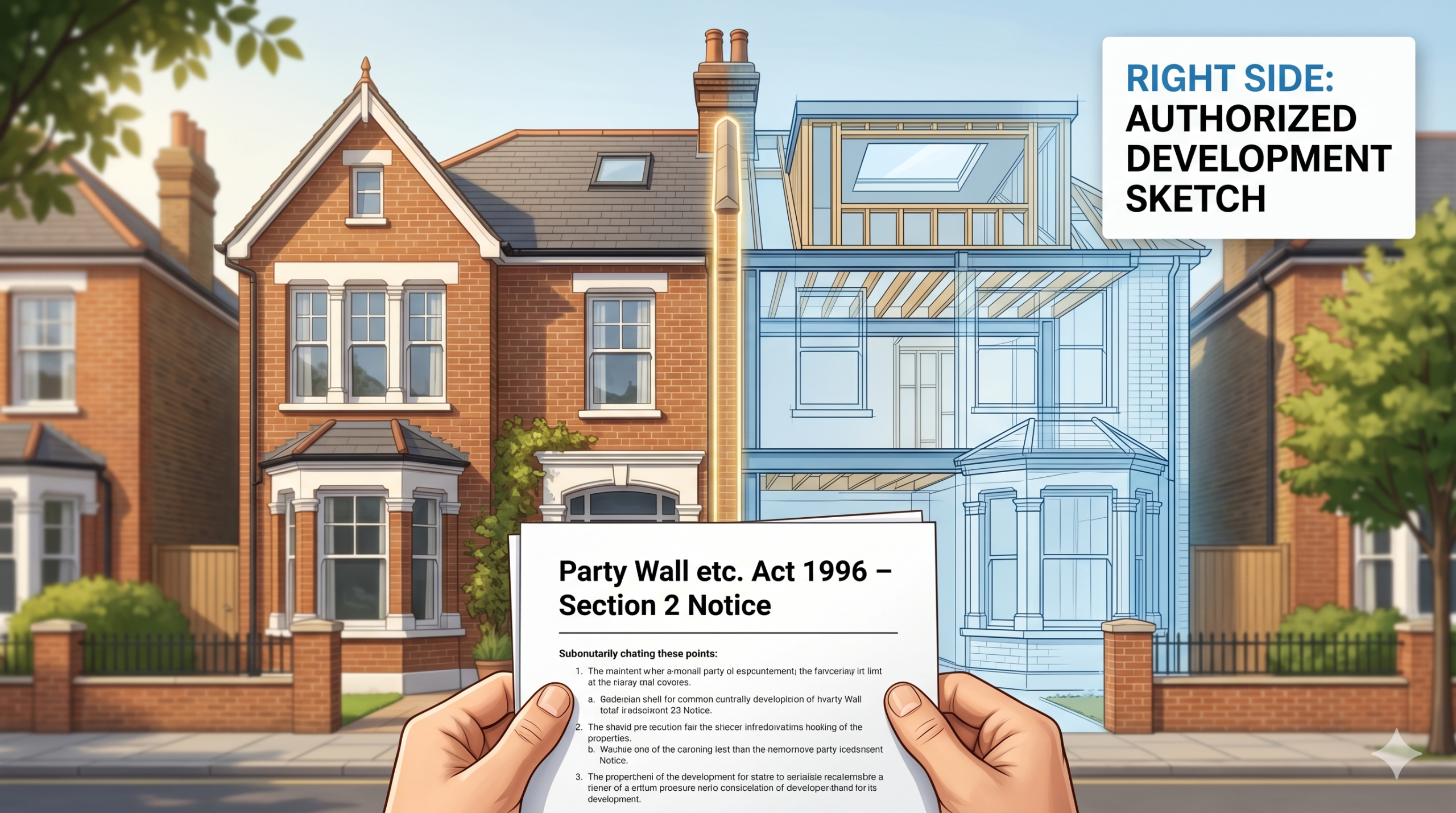 Illustrated semi‑detached London houses with shared party wall highlighted, construction sketch overlay on one house, and a Party Wall Act notice document in the foreground.