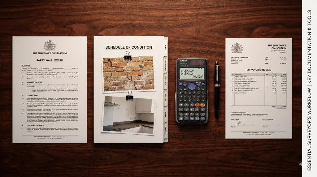  party wall surveyor's desk showing award document, schedule of condition, and fee invoice — breakdown of party wall agreement costs London