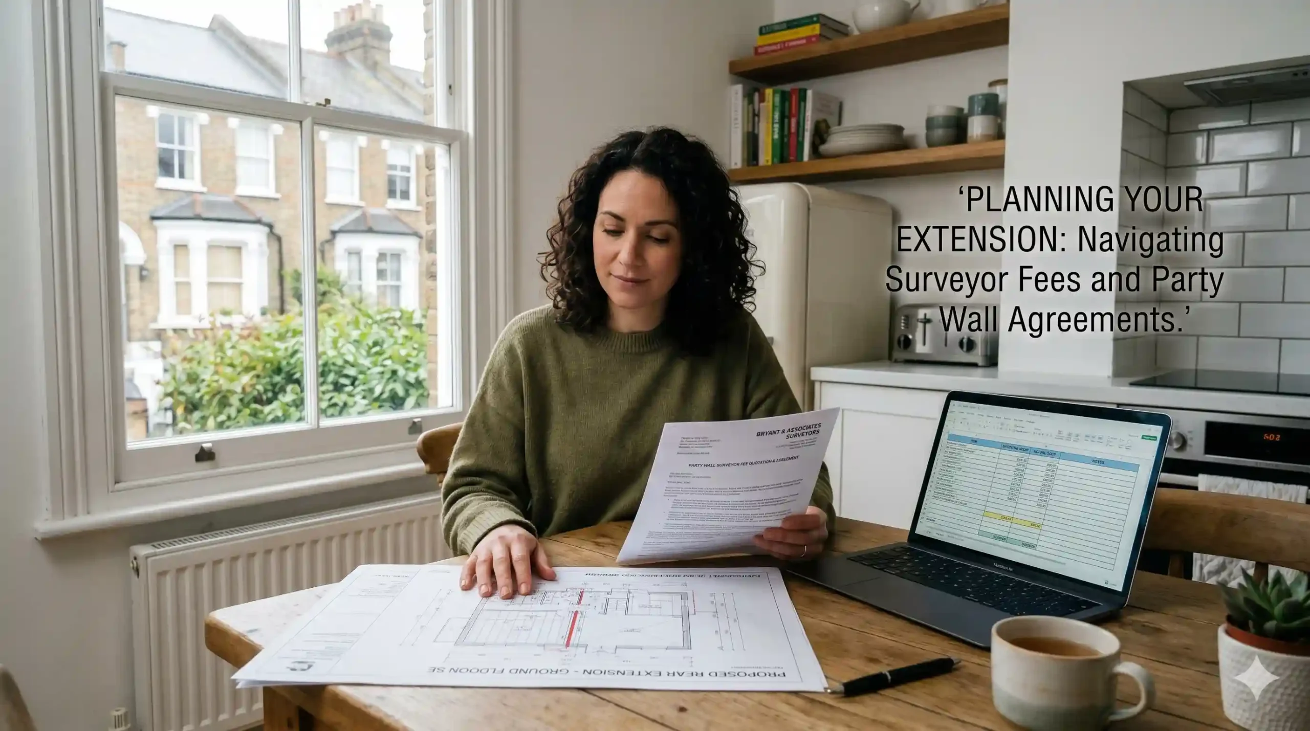 London homeowner reviewing party wall surveyor fee quote and architectural extension drawings at kitchen table — understanding party wall agreement costs in London 2026