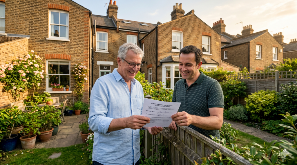 London neighbours agreeing to use a single agreed party wall surveyor at garden fence — reducing party wall agreement costs for both parties