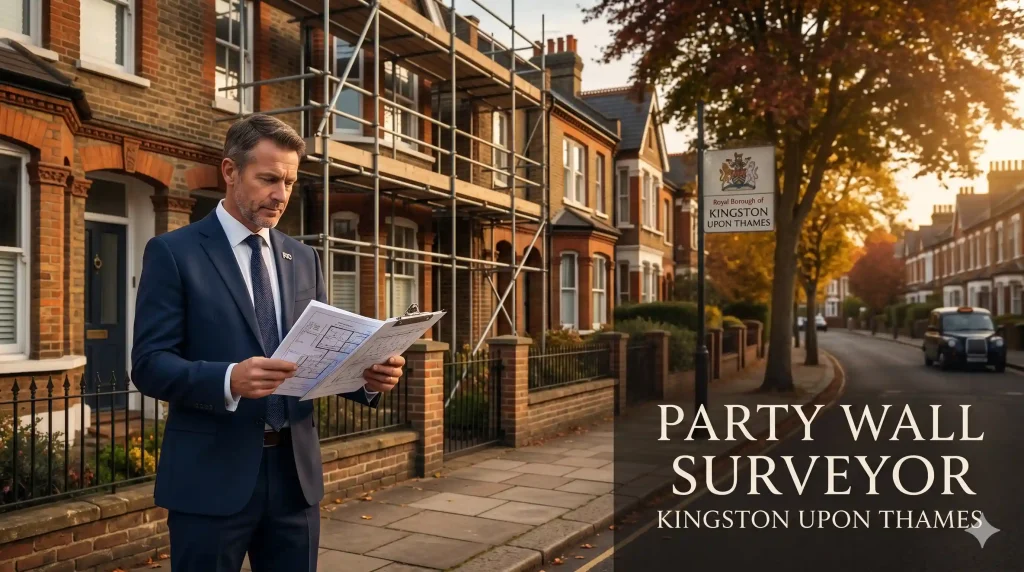 Party Wall Surveyor Kingston upon Thames | RICS Expert 1 Party wall surveyor inspecting a Victorian terraced property in Kingston upon Thames, reviewing party wall notice documentation.