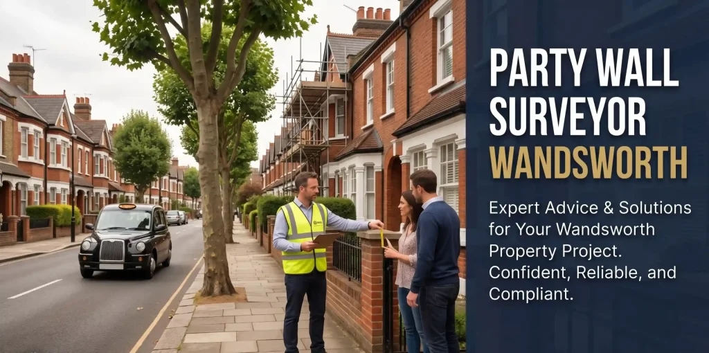 Party Wall Surveyor Wandsworth Common, Geology‑Aware Awards 1 party wall surveyor inspecting a Victorian terrace property on Nightingale Lane, Wandsworth Common, with London Clay ground conditions, conservation area architecture, and period brick detail visible.