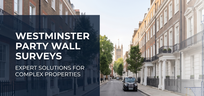 Party Wall Surveyor Westminster | Basements, Listed Buildings, Estates 2 Westminster street scene with party wall surveying overlay, representing specialist surveyors for estates and basements.