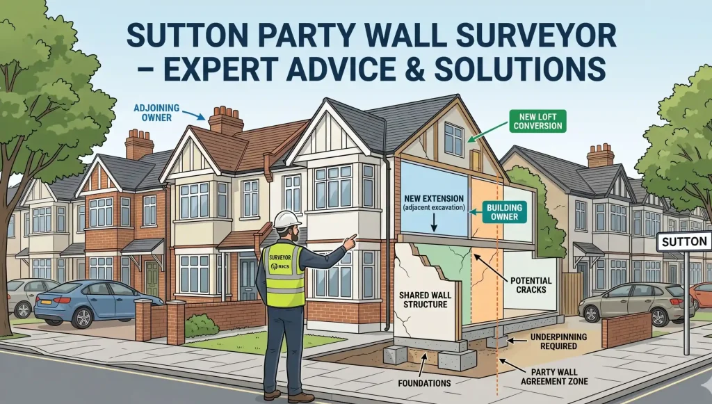 Party Wall Surveyor Sutton , Heritage-Aware Awards 1 Map showing party wall surveyor coverage across Sutton borough including Sutton, Carshalton, Cheam, Wallington, Worcester Park, and all SM postcodes.