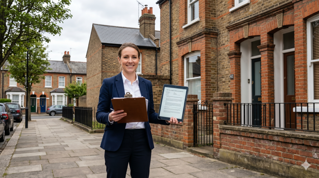 Party wall surveyor explaining the Party Wall Award and Schedule of Condition in front of a London Victorian terrace shared wall.