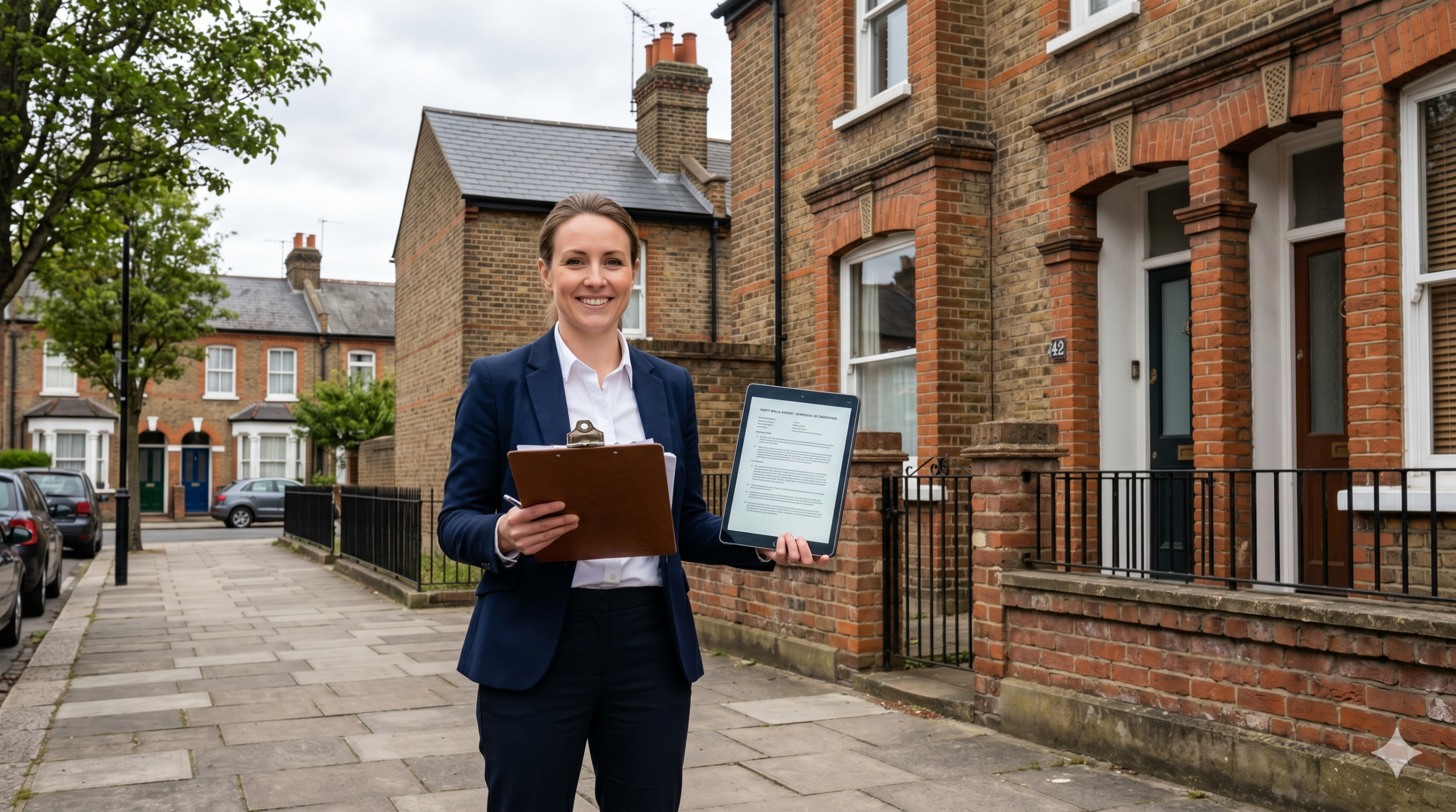 Party wall surveyor explaining the Party Wall Award and Schedule of Condition in front of a London Victorian terrace shared wall.