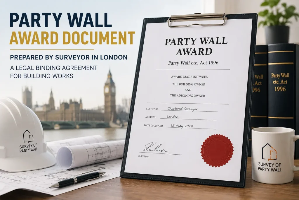 Party wall award document prepared by surveyor in London Legal binding agreement for building works
